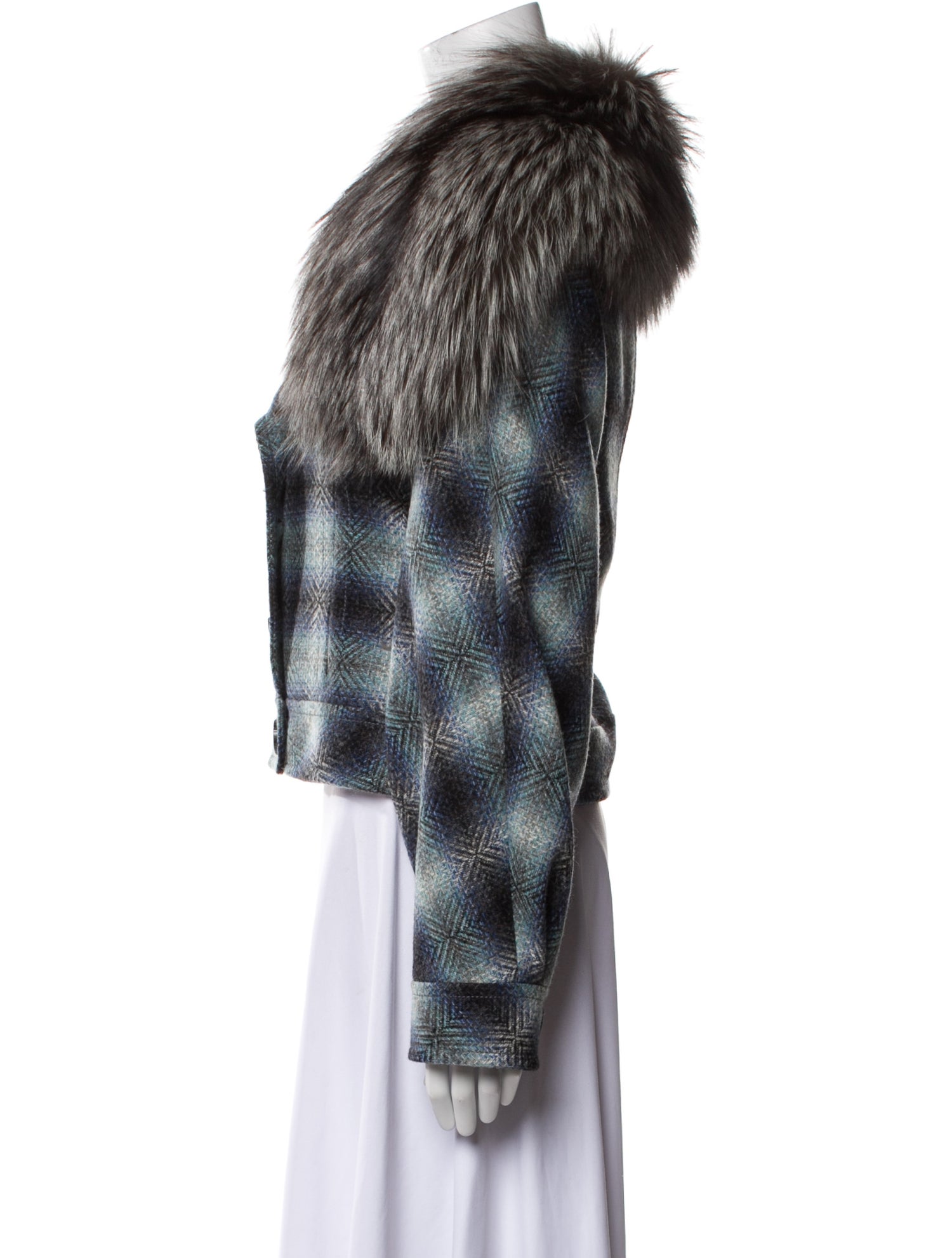 Carolina Herrera Wool Plaid Print Faux Fur Jacket