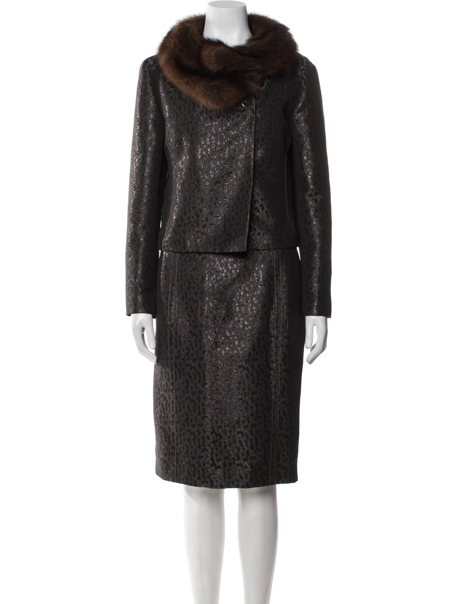 Carolina Herrera Polka Dot Print Fur Trim Skirt Set