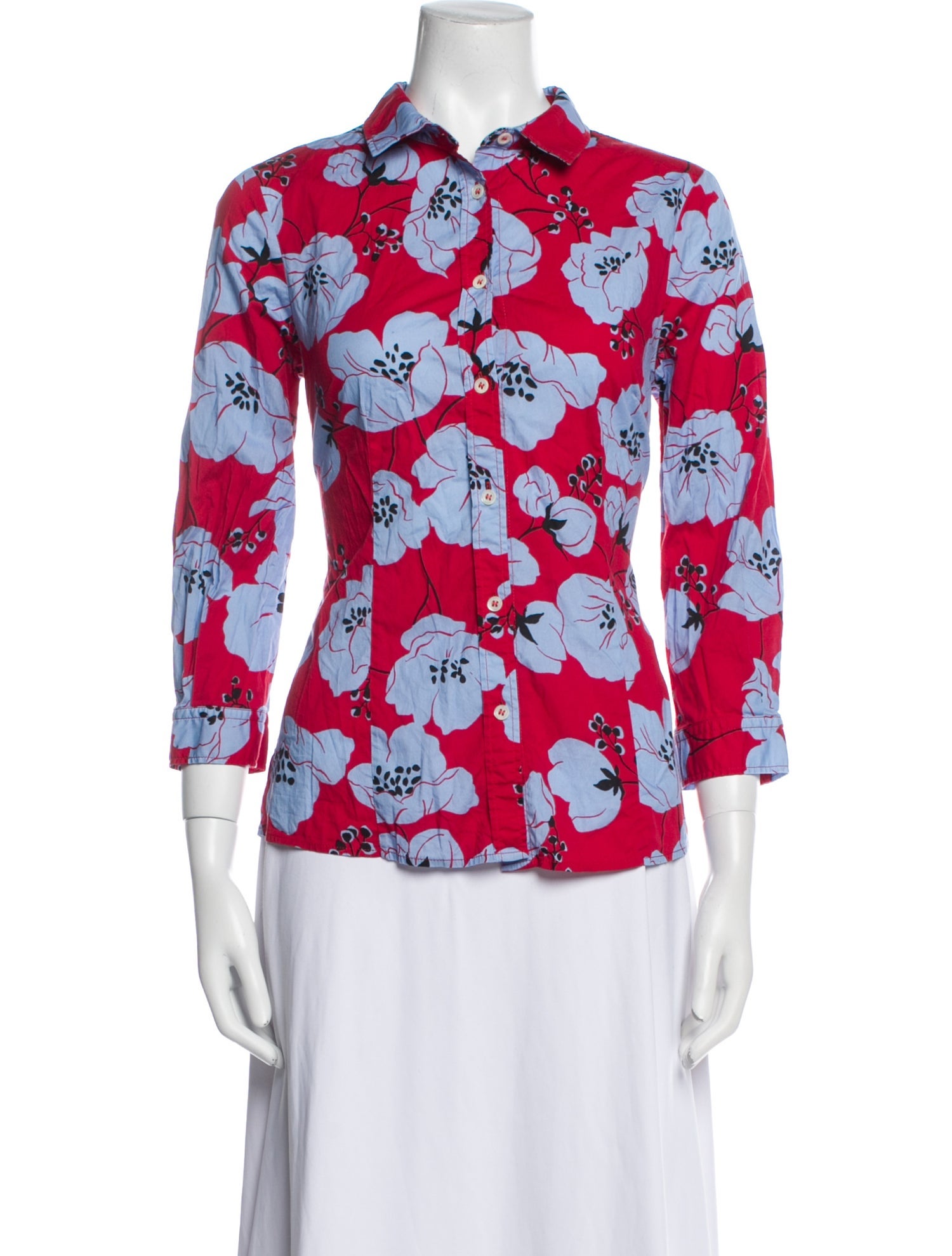 Carolina Herrera Floral Print Three-Quarter Sleeve Button-Up Top