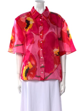 Carolina Herrera Floral Print Three-Quarter Sleeve Button-Up Top