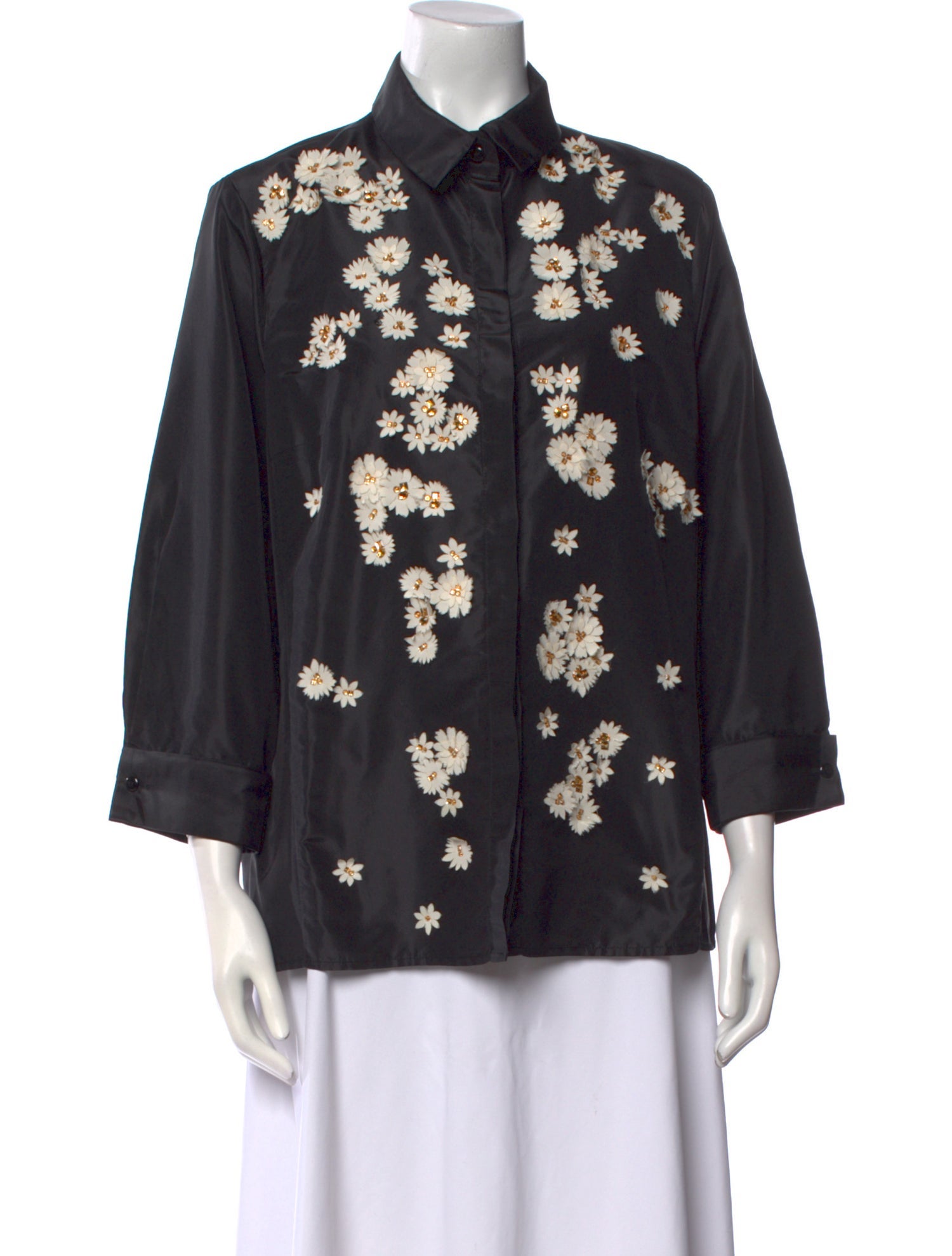 Carolina Herrera Floral Print Three-Quarter Sleeve Button-Up Top