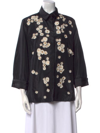 Carolina Herrera Floral Print Three-Quarter Sleeve Button-Up Top
