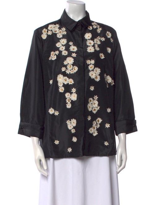 Carolina Herrera Floral Print Three-Quarter Sleeve Button-Up Top