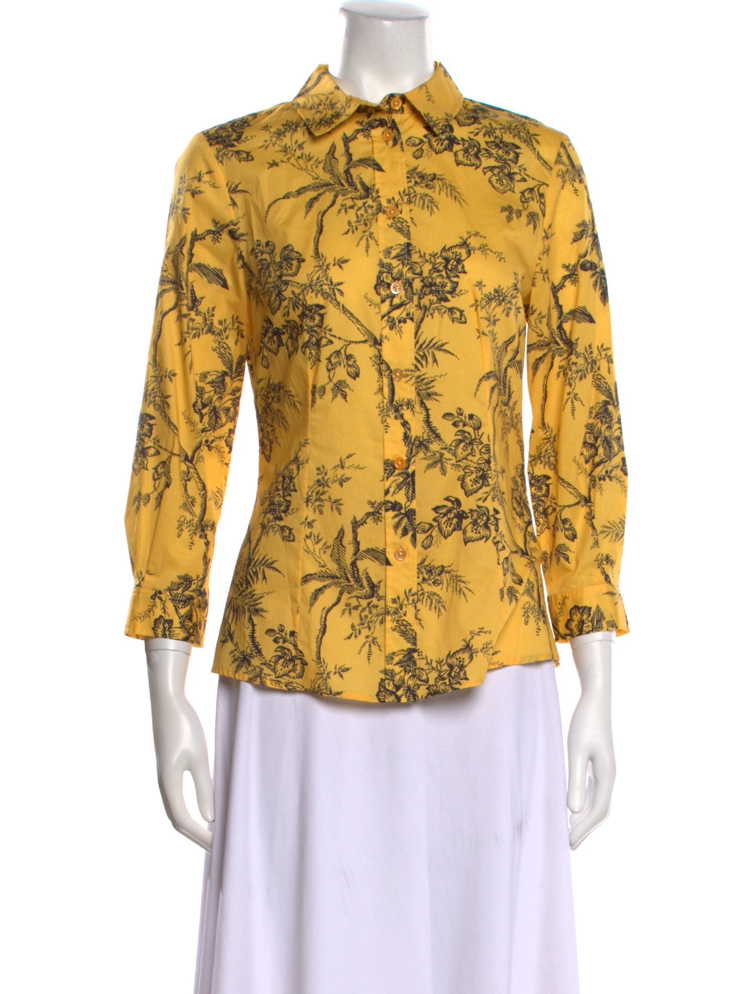 Carolina Herrera Floral Print Three-Quarter Sleeve Button-Up Top