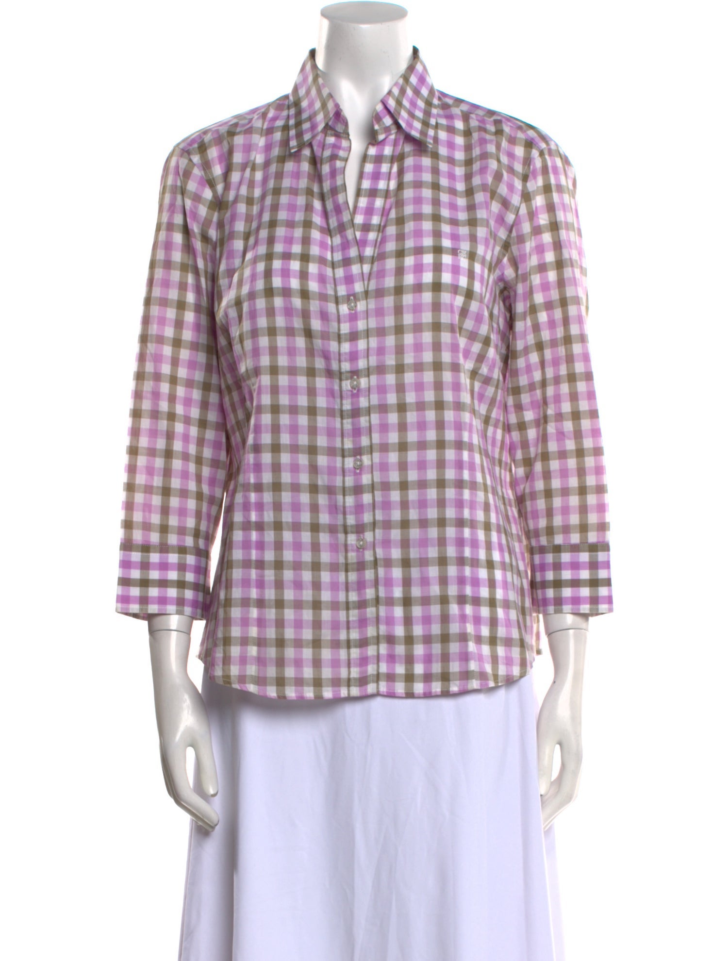 Carolina Herrera Plaid Print Three-Quarter Sleeve Button-Up Top