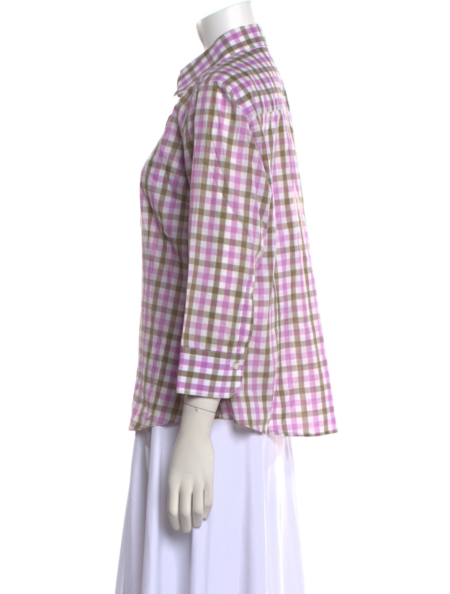 Carolina Herrera Plaid Print Three-Quarter Sleeve Button-Up Top