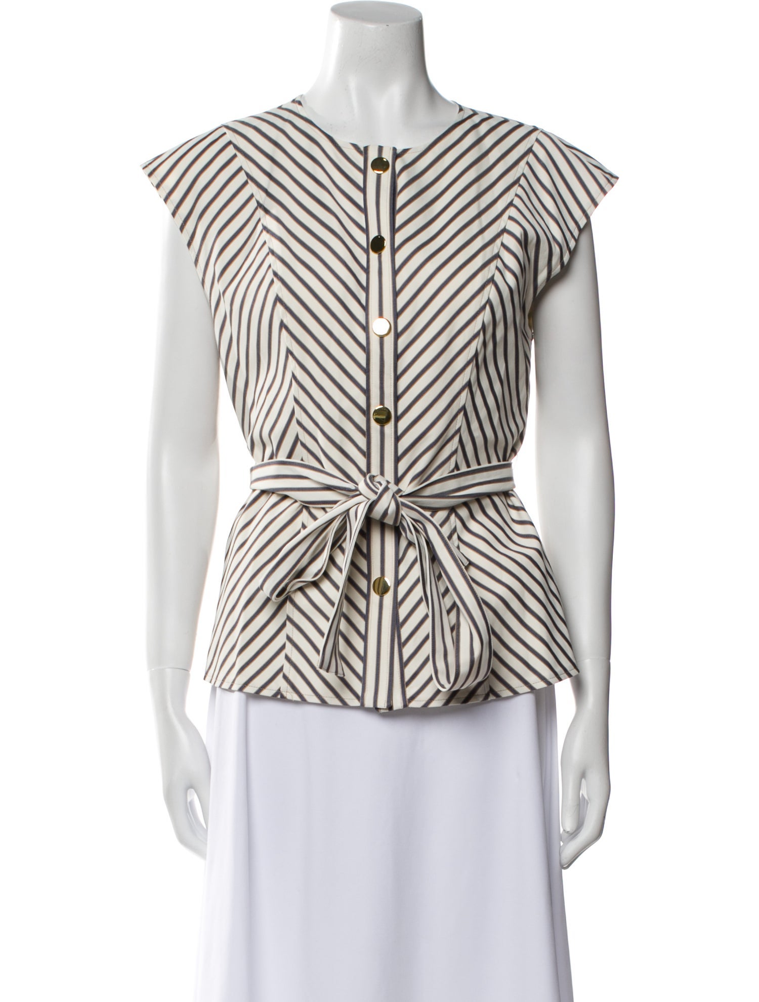 Carolina Herrera Striped Crew Neck Button-Up Top