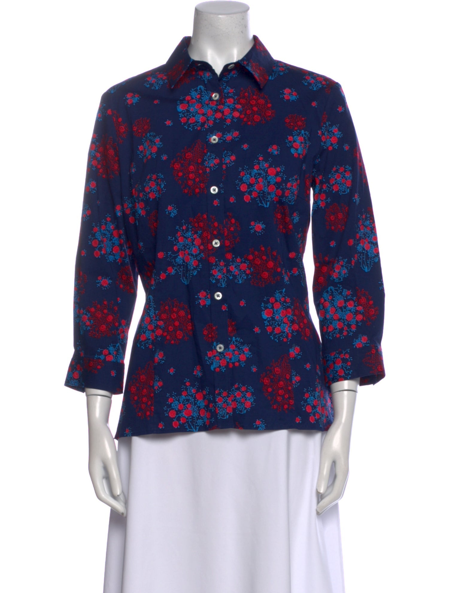 Carolina Herrera Floral Print Three-Quarter Sleeve Button-Up Top