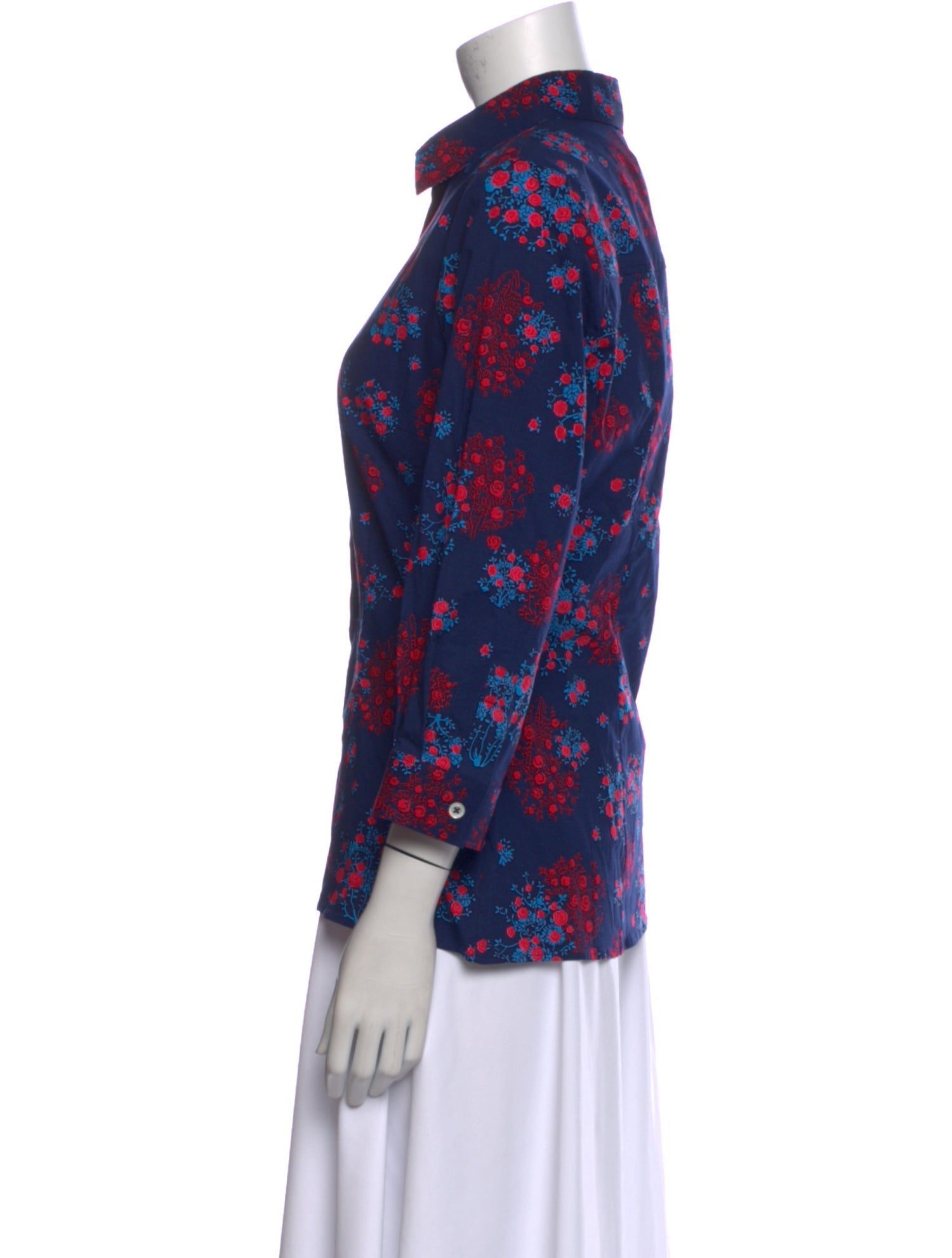 Carolina Herrera Floral Print Three-Quarter Sleeve Button-Up Top