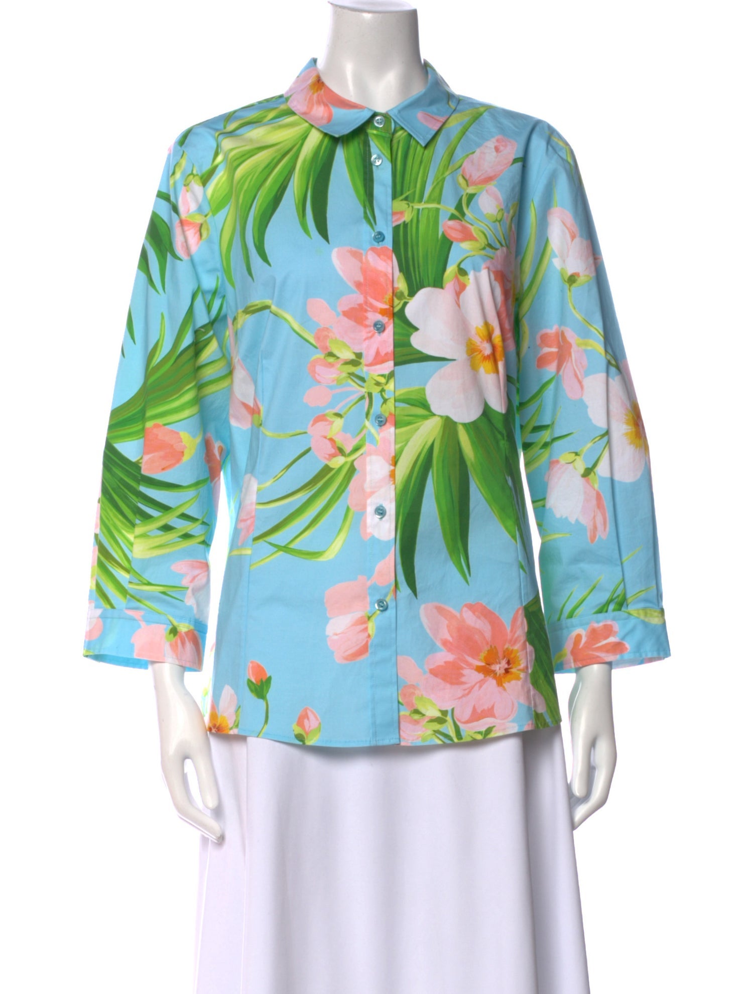 Carolina Herrera Floral Print Three-Quarter Sleeve Button-Up Top