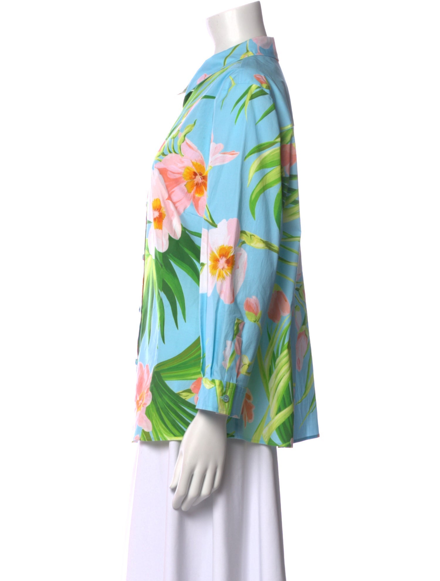 Carolina Herrera Floral Print Three-Quarter Sleeve Button-Up Top