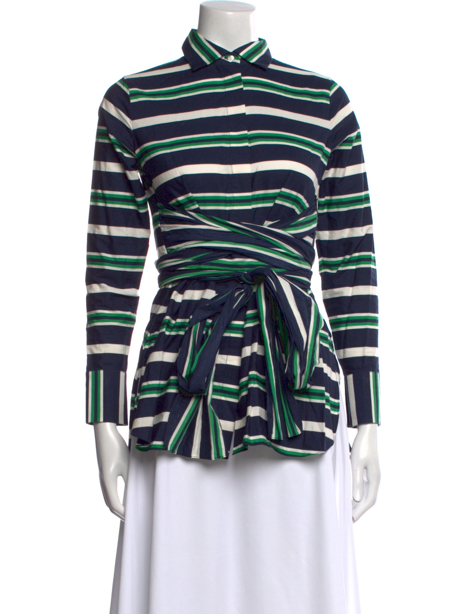 Carolina Herrera Striped Three-Quarter Sleeve Button-Up Top