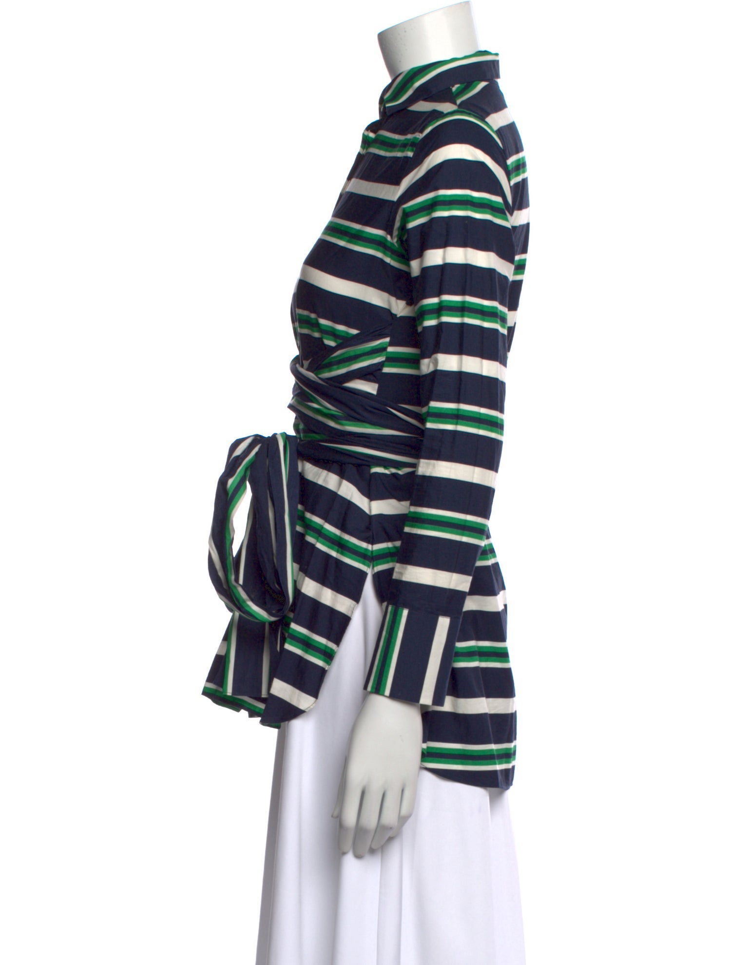 Carolina Herrera Striped Three-Quarter Sleeve Button-Up Top