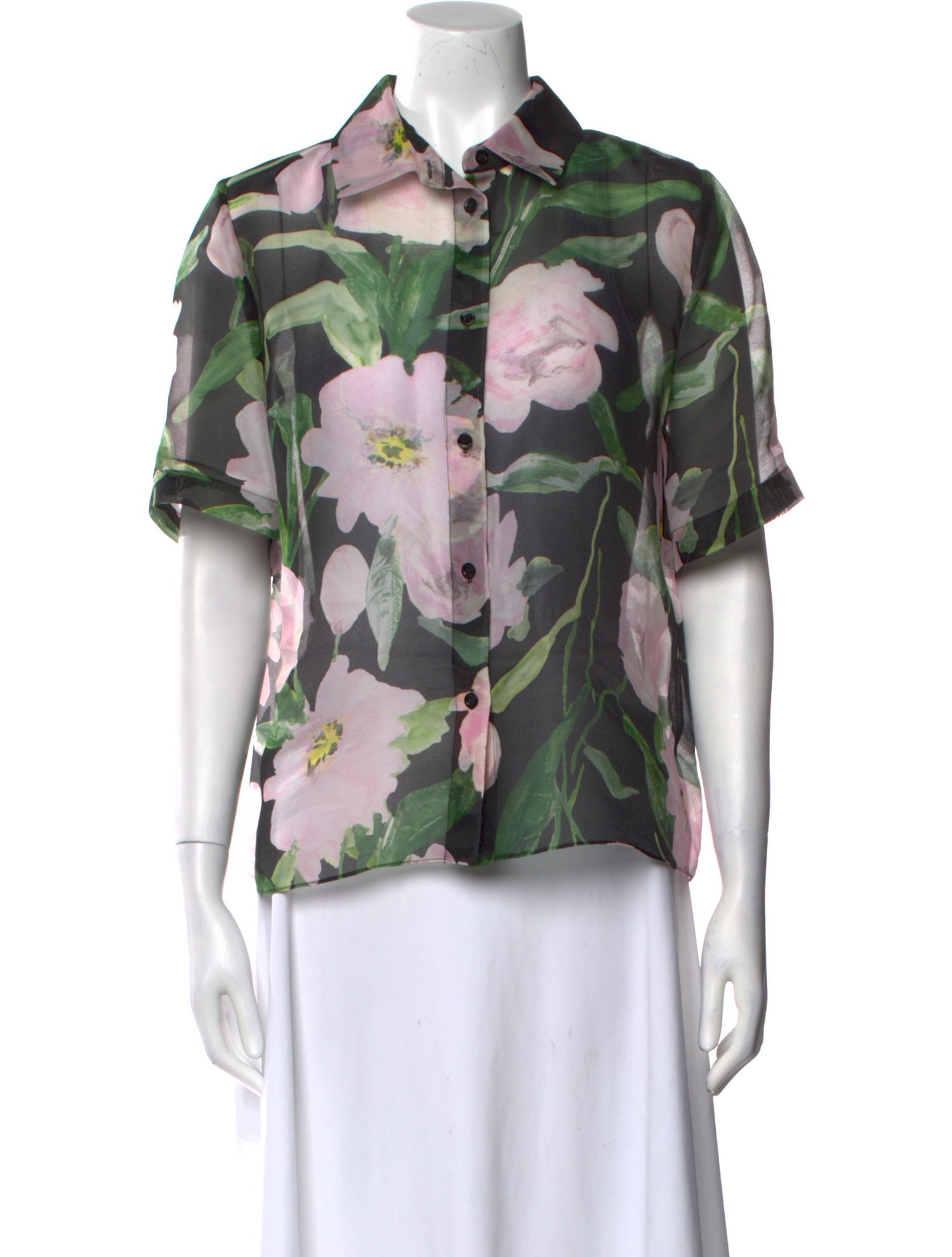 Carolina Herrera Silk Floral Print Button-Up Top