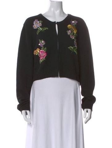 Pre-owned Carolina Herrera Wool Floral Print Sweater In Black