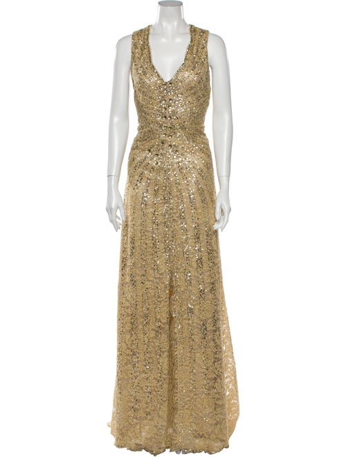 Carolina Herrera V-Neck Long Dress Gold