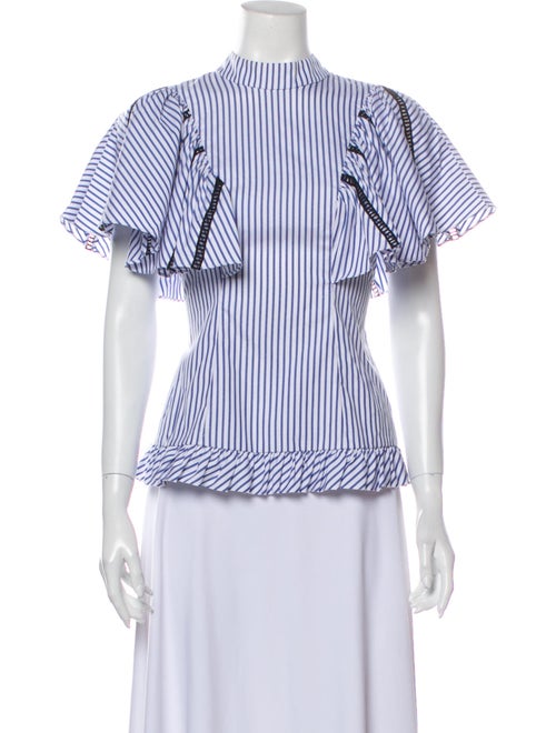 Caroline Constas Striped Mock Neck Blouse Blue