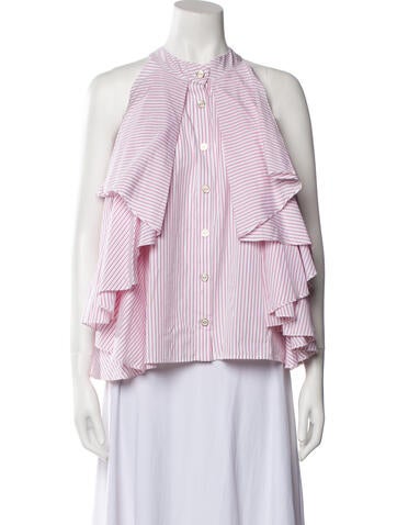 Caroline Constas Tops Striped Mock Neck Button-Up Top L