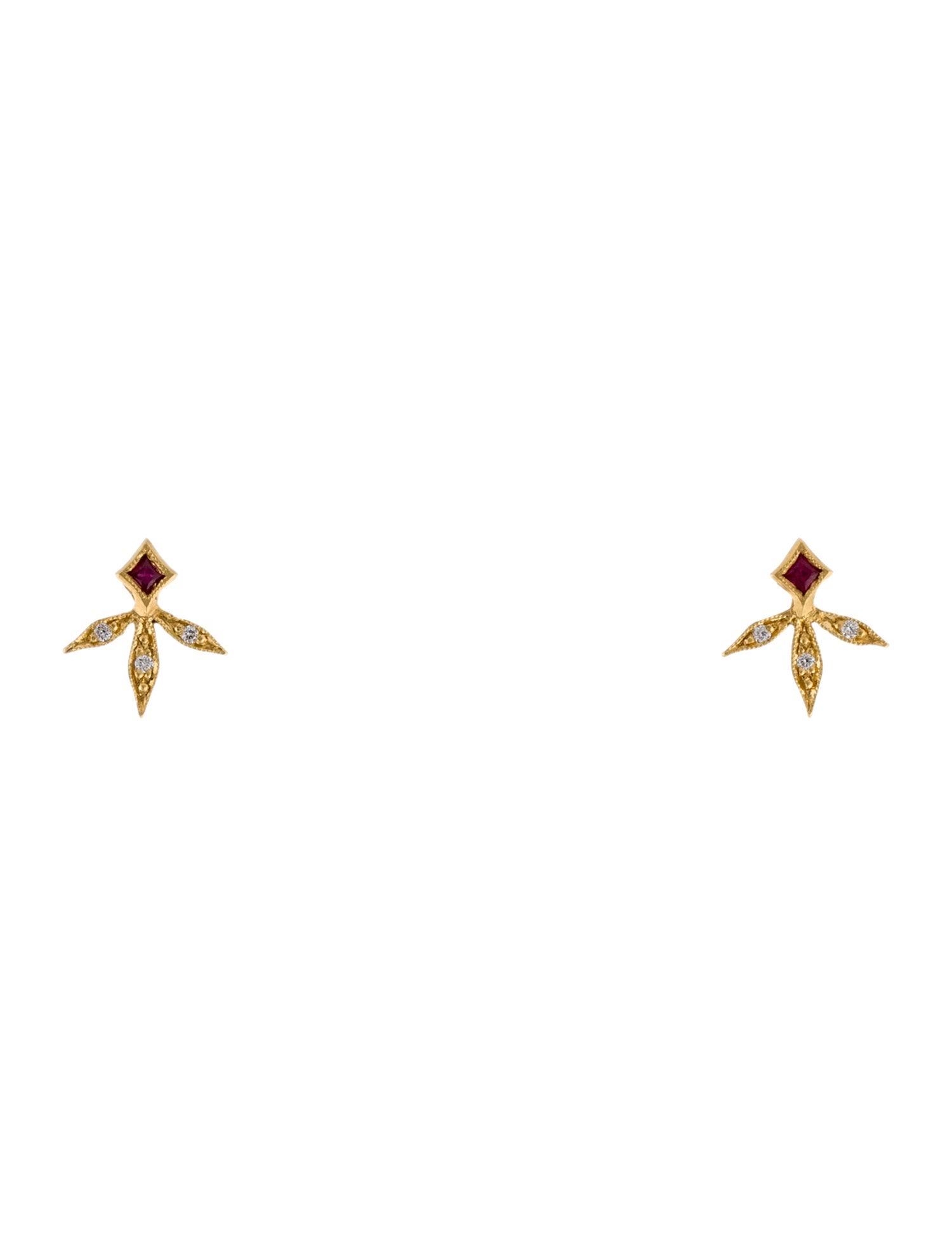 Cathy Waterman Ruby & Diamond Three Point Leaf Stud Earrings