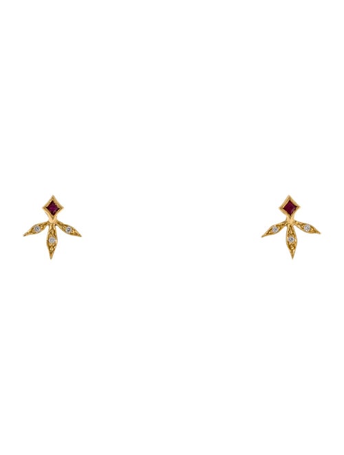 Cathy Waterman Ruby & Diamond Three Point Leaf Stud Earrings