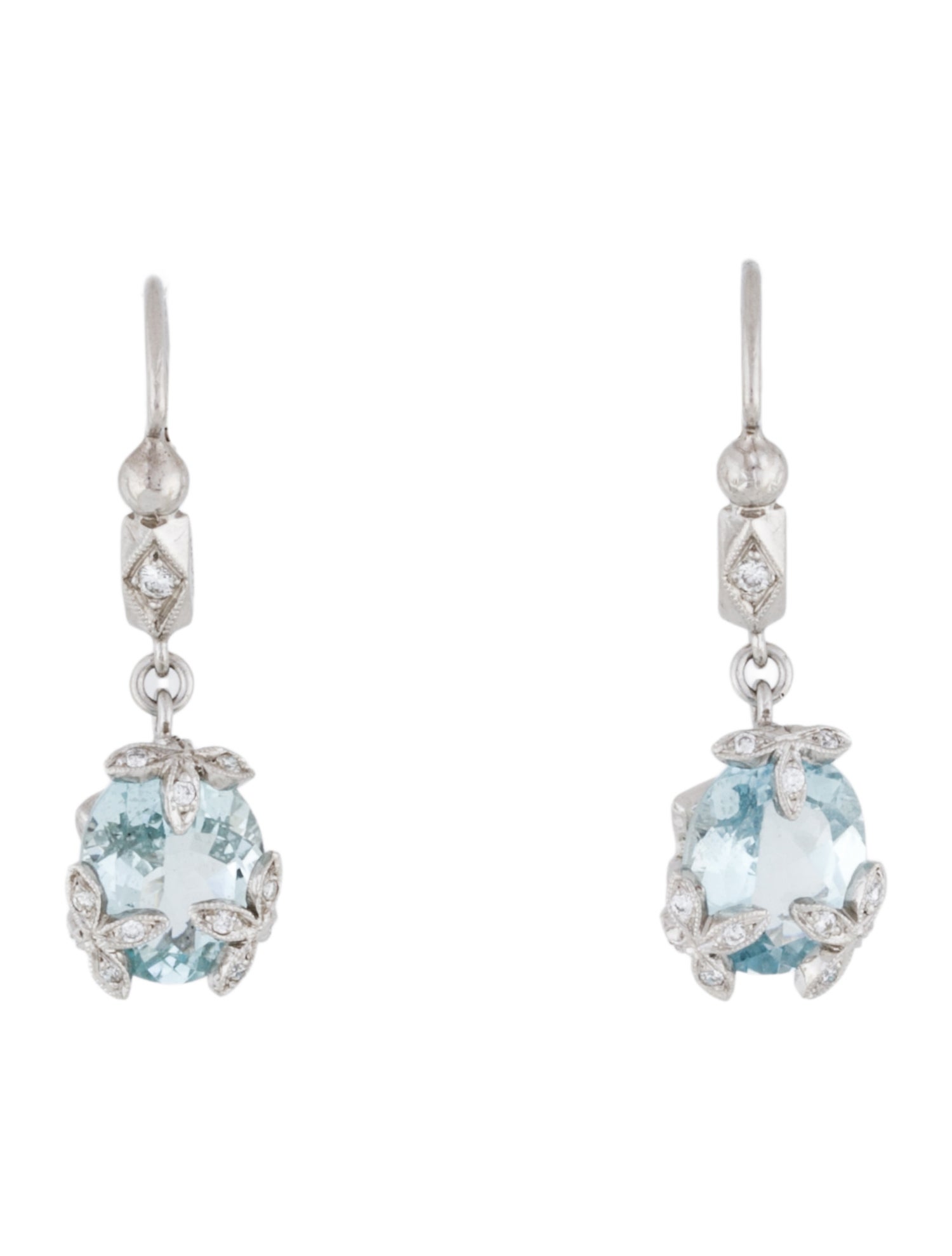 Cathy Waterman Platinum Aquamarine & Diamond Leaf Drop Earrings
