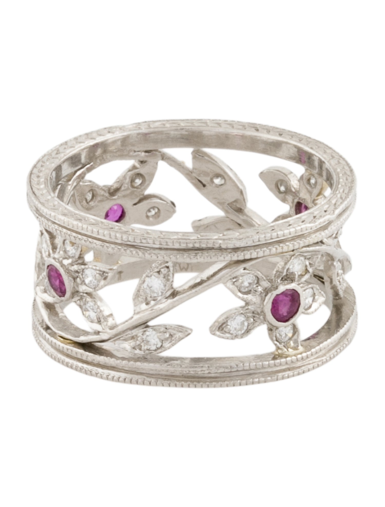 Cathy Waterman Platinum Ruby & Diamond Double Milgrain Floral Vine Band