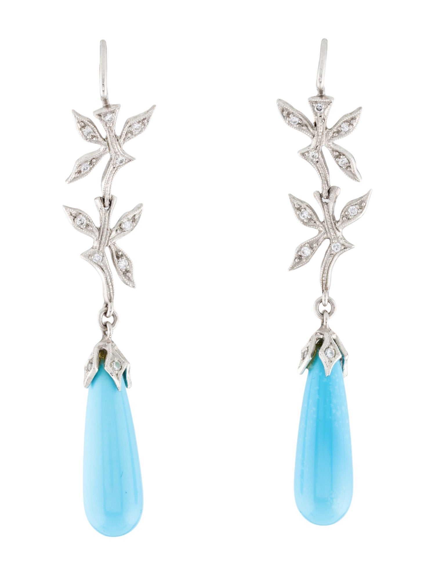 Cathy Waterman Platinum Turquoise & Diamond Vine Drop Earrings