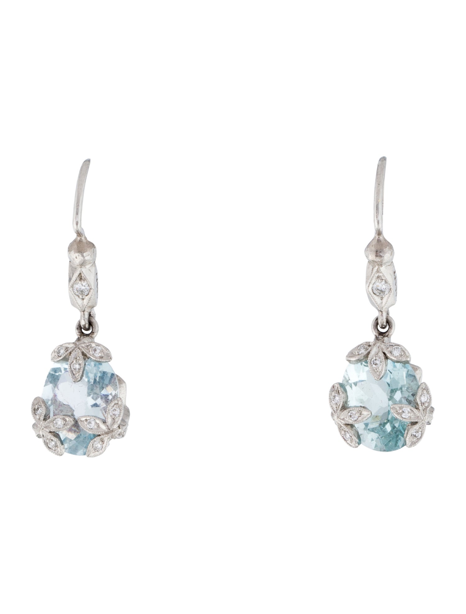 Cathy Waterman Platinum Aquamarine & Diamond Leaf Drop Earrings