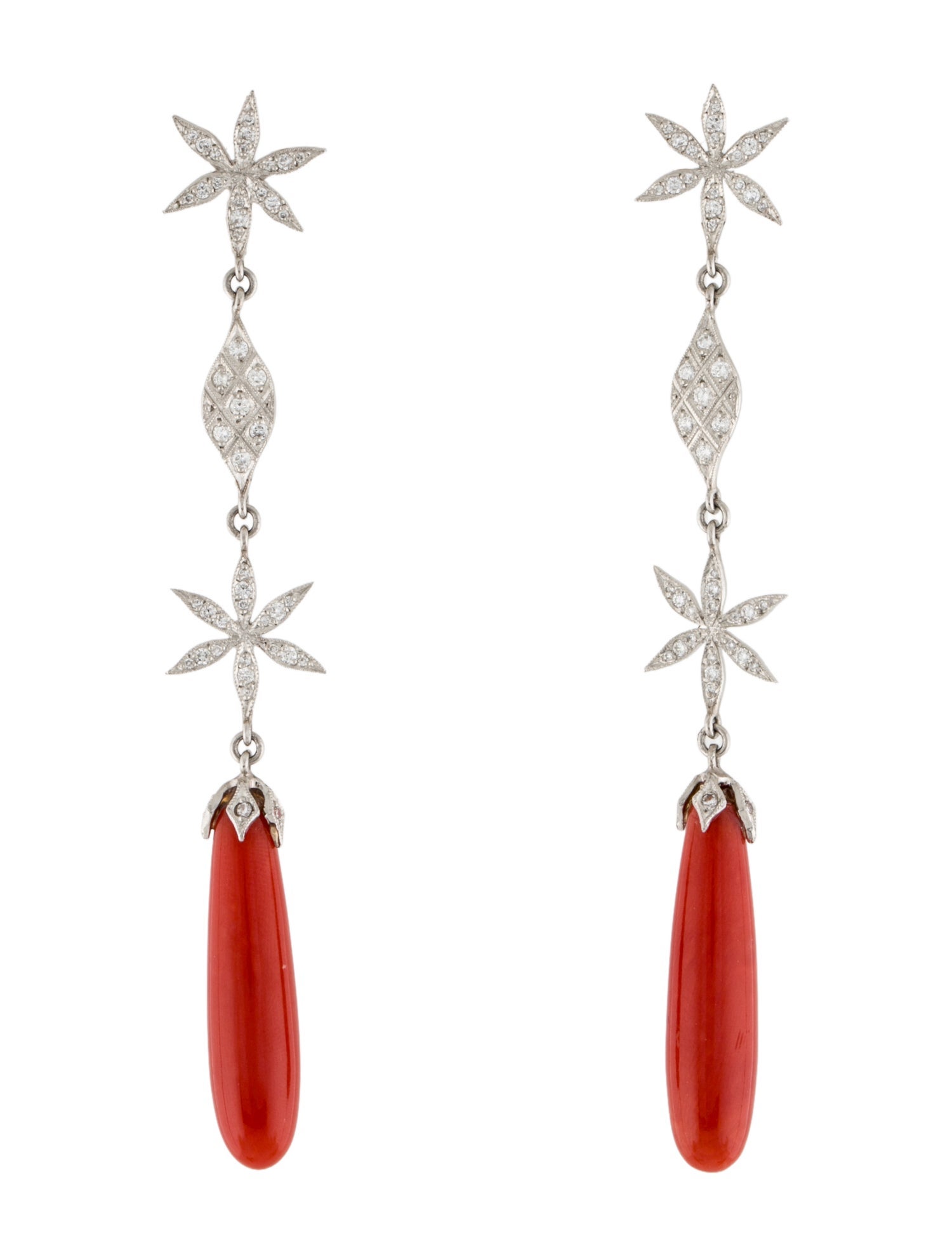 Cathy Waterman Platinum Coral & Diamond Vine Drop Earrings
