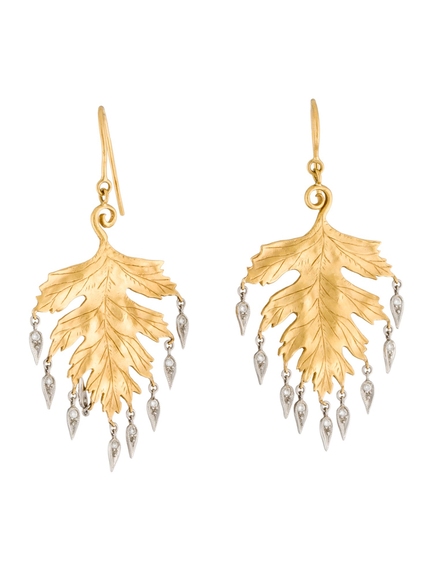 Cathy Waterman 22K Large Leaf Earrings w/ Platinum Dewdrops