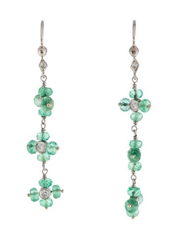 Pre-owned Cathy Waterman Platinum Emerald & Diamond Flower Drop Earrings In Multi