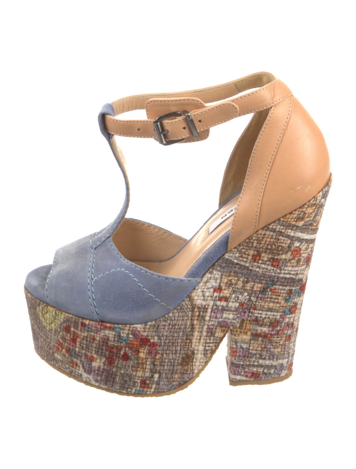 Carven Suede Colorblock Pattern T-Strap Sandals