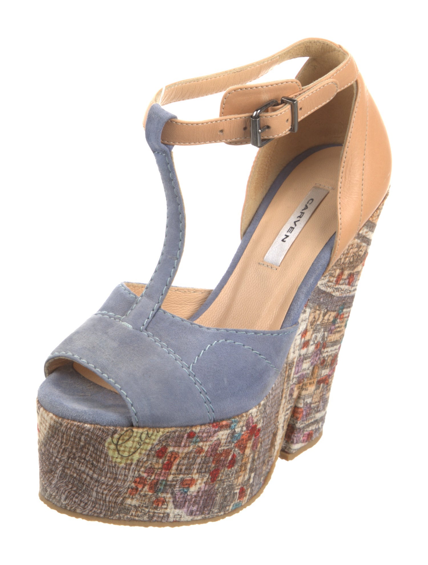 Carven Suede Colorblock Pattern T-Strap Sandals