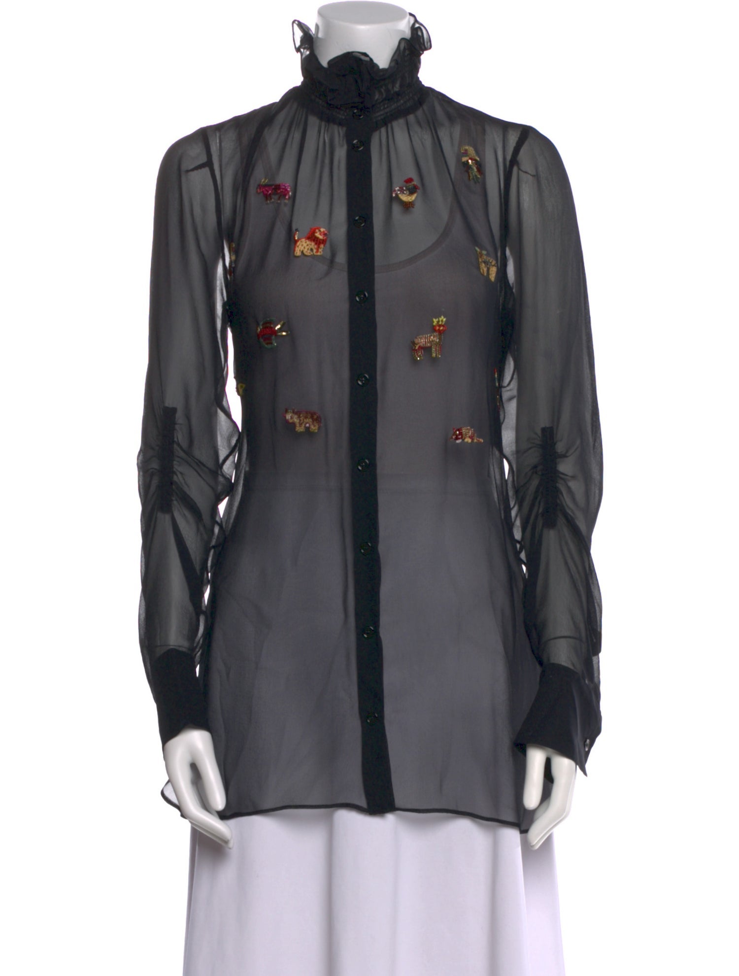 Carven Silk Mock Neck Button-Up Top