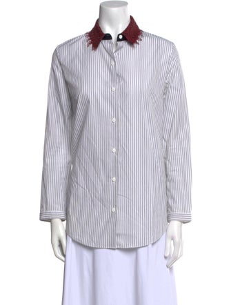 Carven Striped Three-Quarter Sleeve Button-Up Top