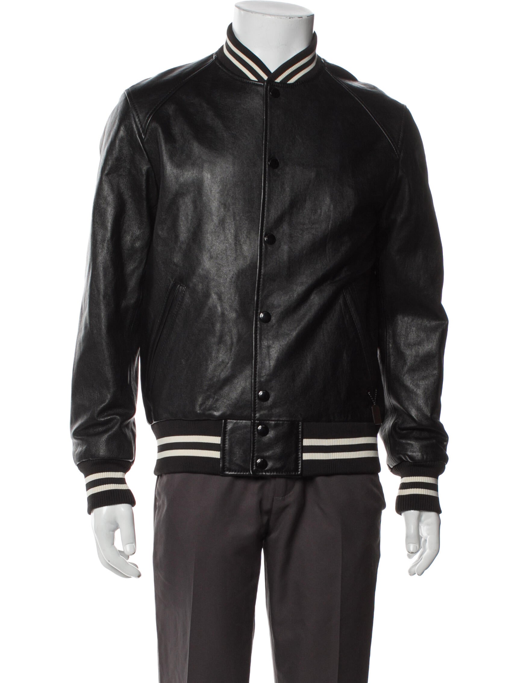 Coach Lamb Leather Striped Bomber Jacket
