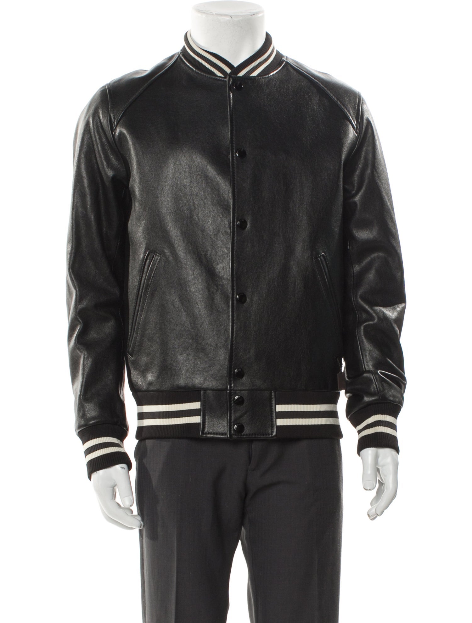 Coach Lamb Leather Striped Bomber Jacket