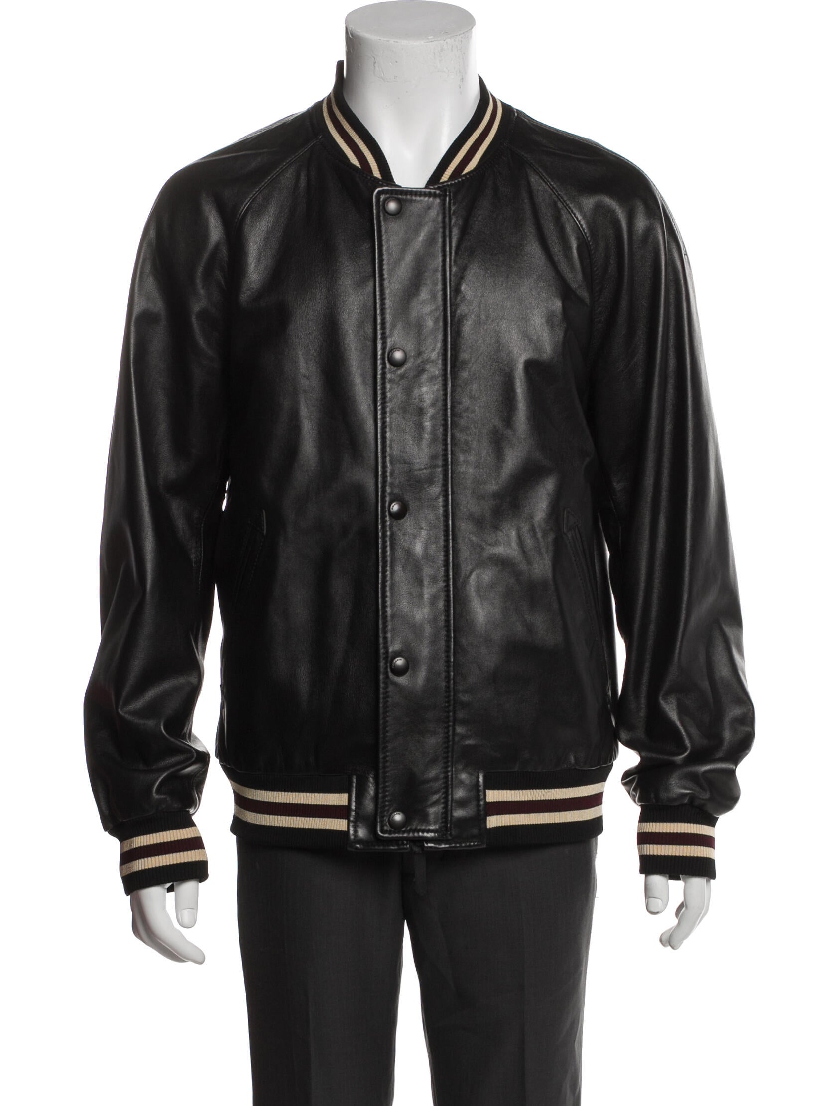 Coach Lamb Leather Striped Bomber Jacket