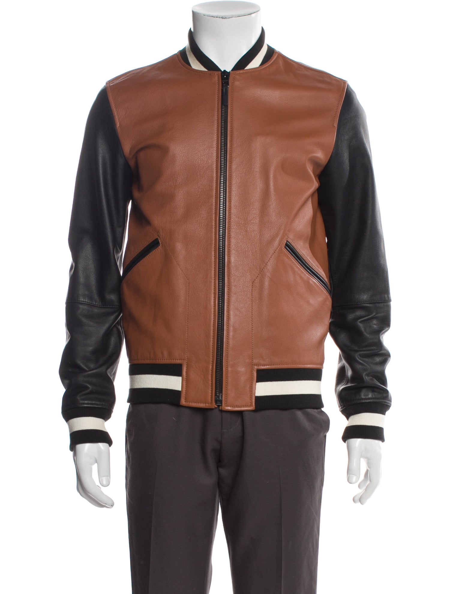 Coach Leather Colorblock Pattern Bomber Jacket