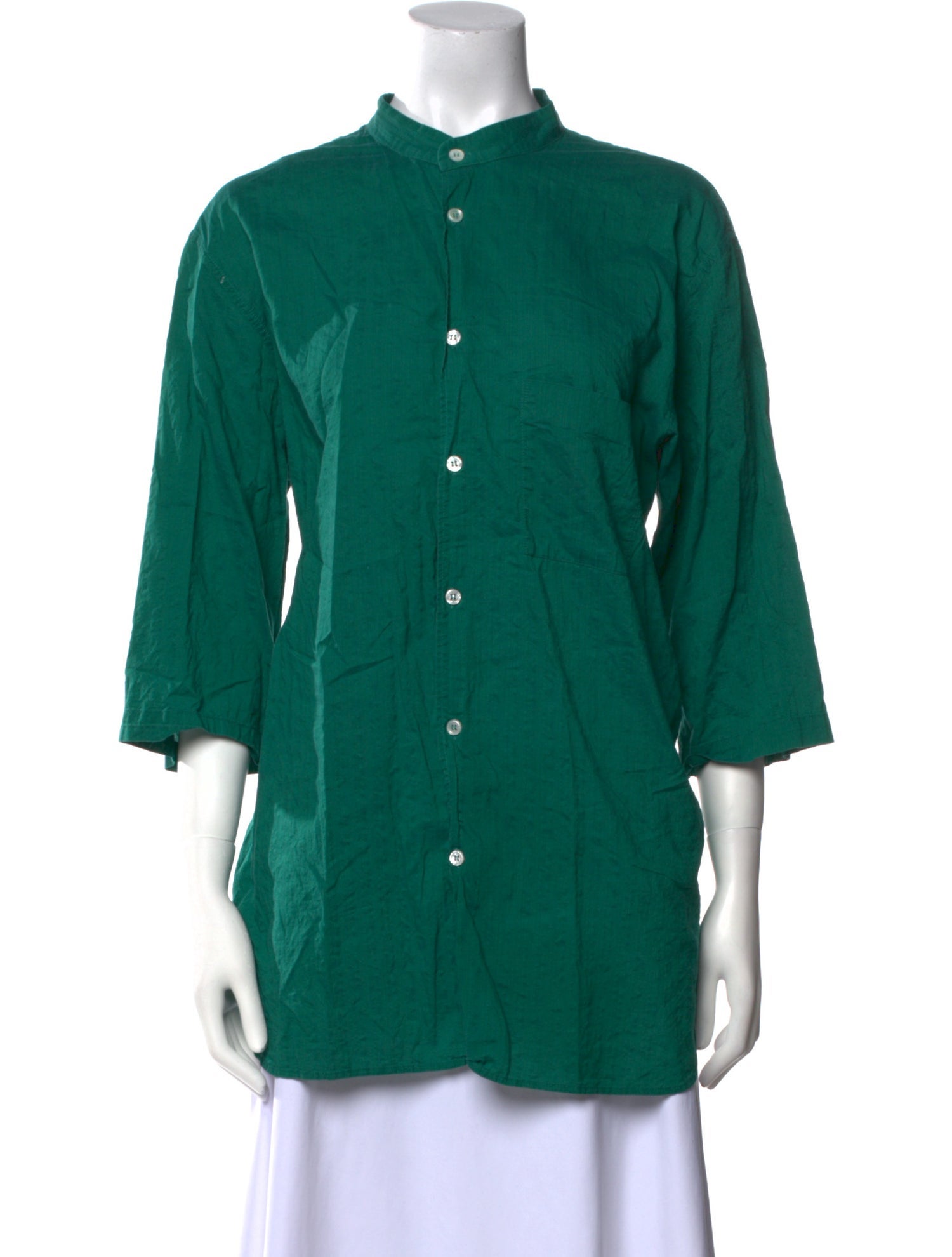 Cristaseya Mock Neck Three-Quarter Sleeve Button-Up Top