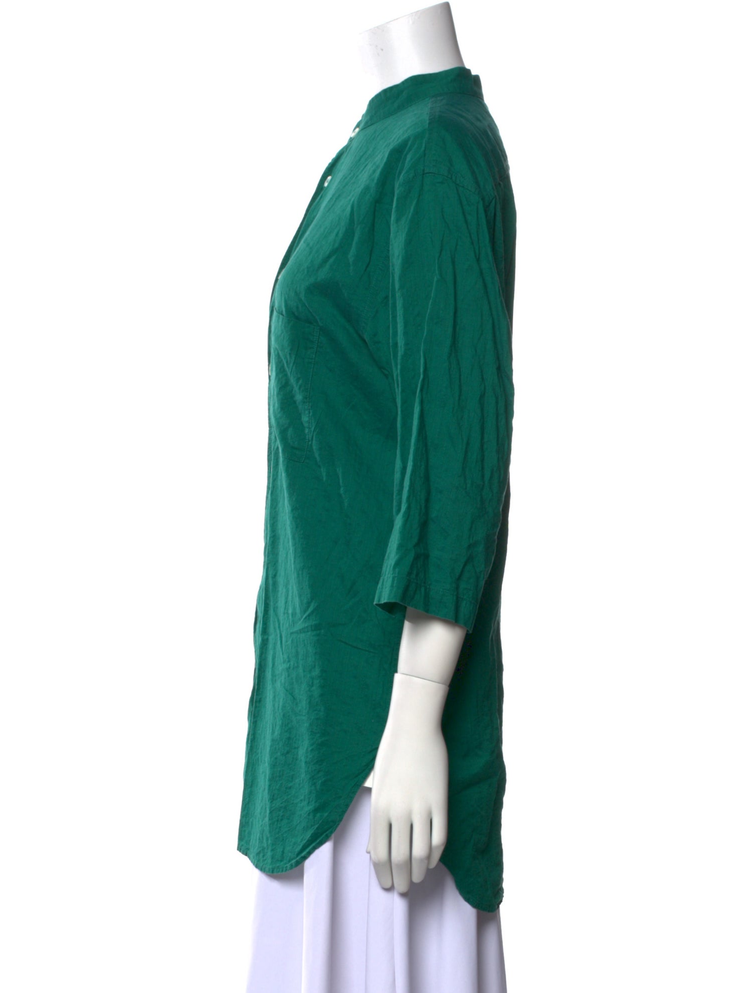 Cristaseya Mock Neck Three-Quarter Sleeve Button-Up Top