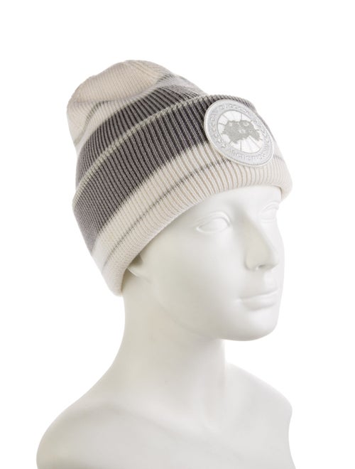 Canada Goose Knitted White Beanie w/ Embroidered Embellishment