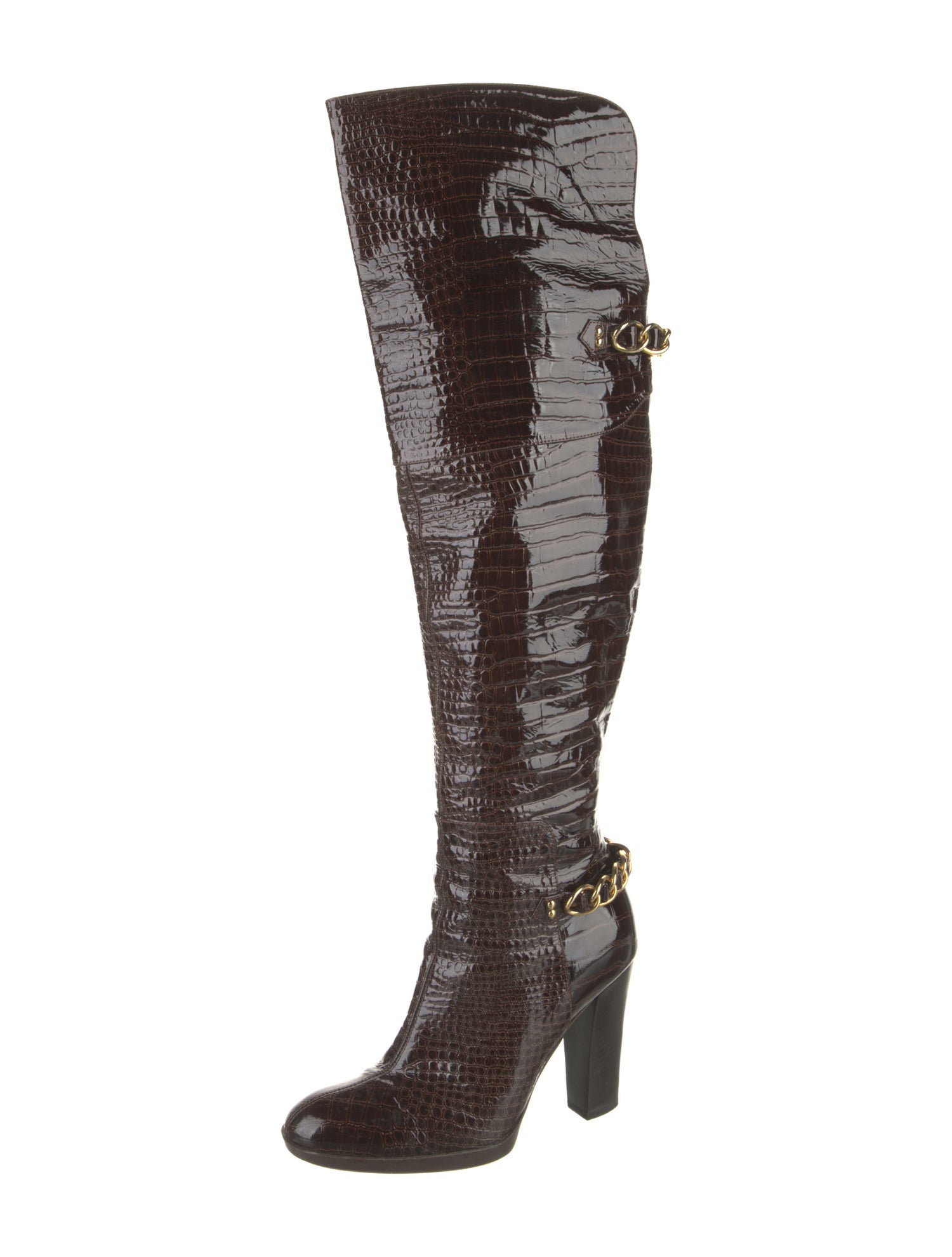 Casadei Patent Leather Chain-Link Accents Boots