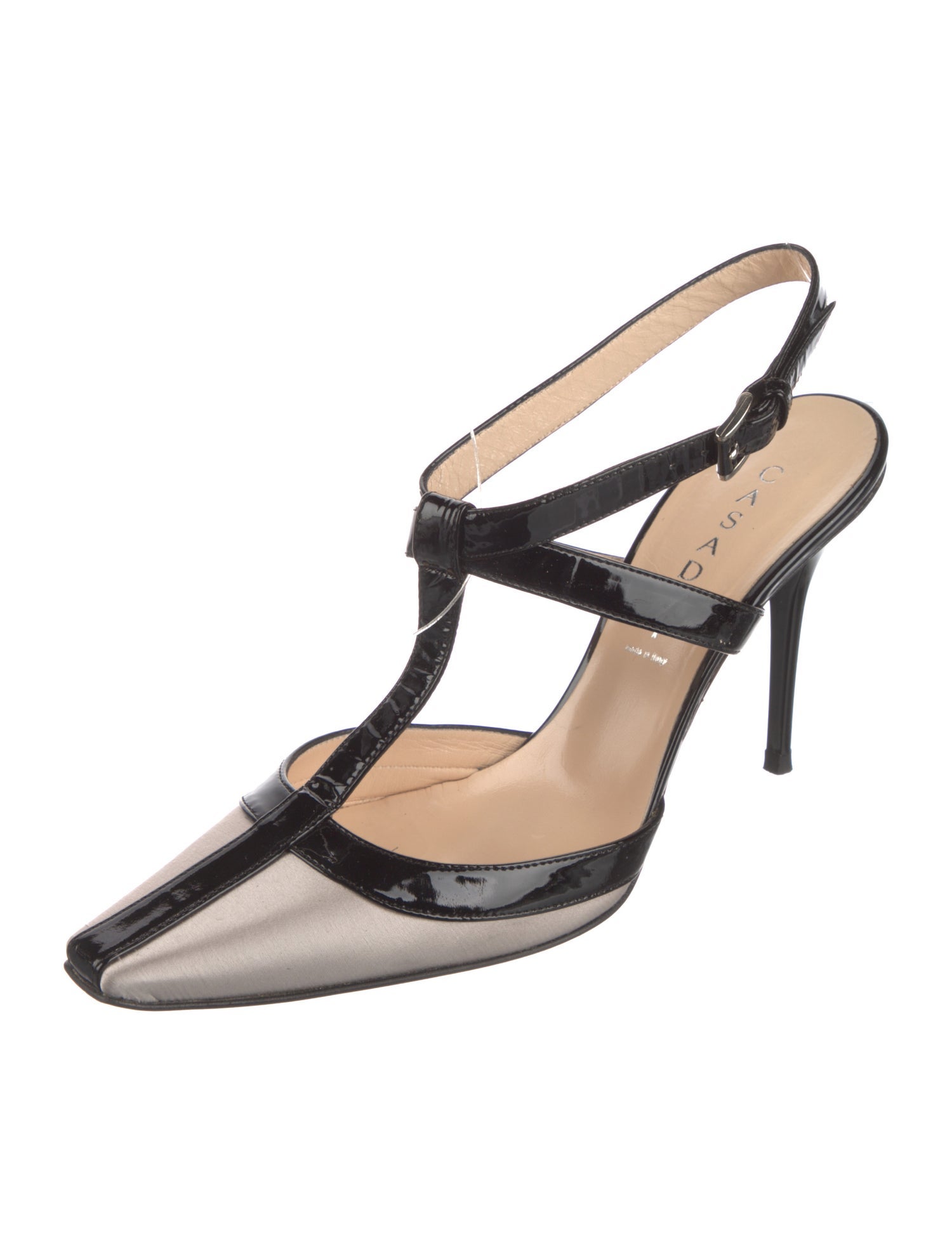 Casadei Satin Leather Trim Embellishment T-Strap Pumps