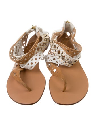 Casadei Leather Lasercut Accents T-Strap Sandals