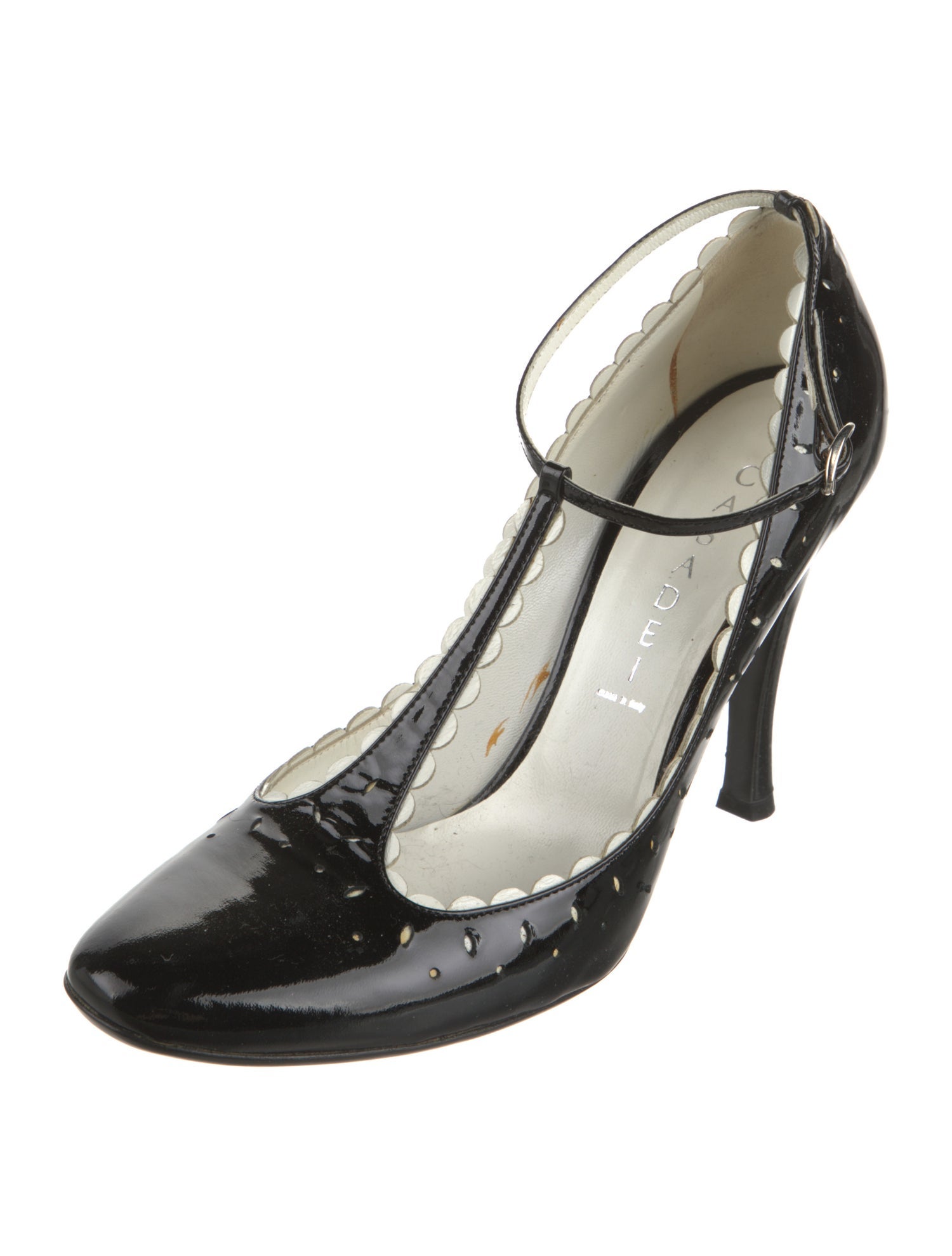Casadei Patent Leather Scalloped Accent T-Strap Pumps
