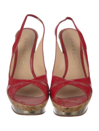 Casadei Patent Leather Colorblock Pattern Slingback Sandals