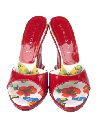 Casadei Patent Leather Floral Print Slides