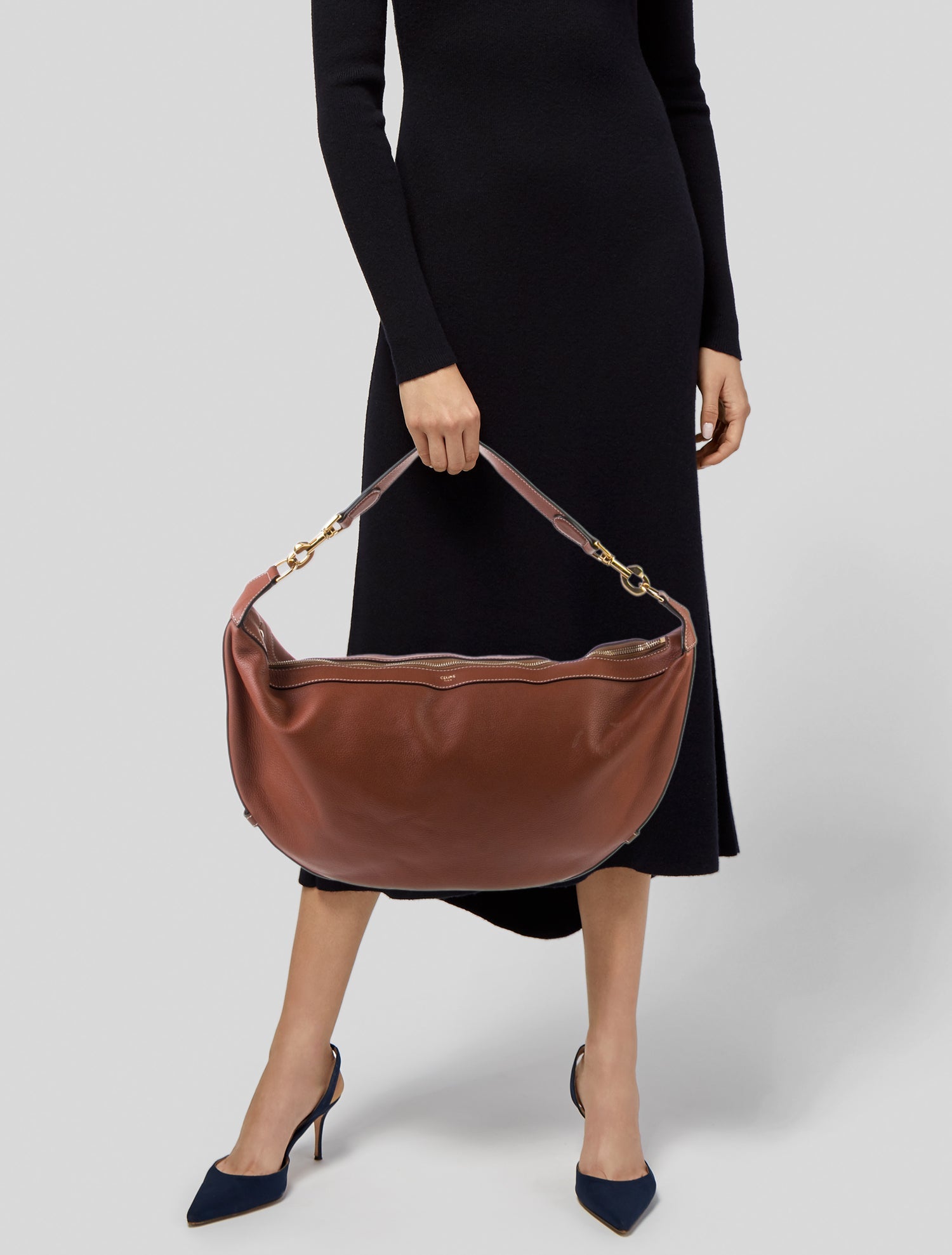 セリーヌ Celine Supple Calfskin Shearling Large Leandre Hobo Brown 1770502
