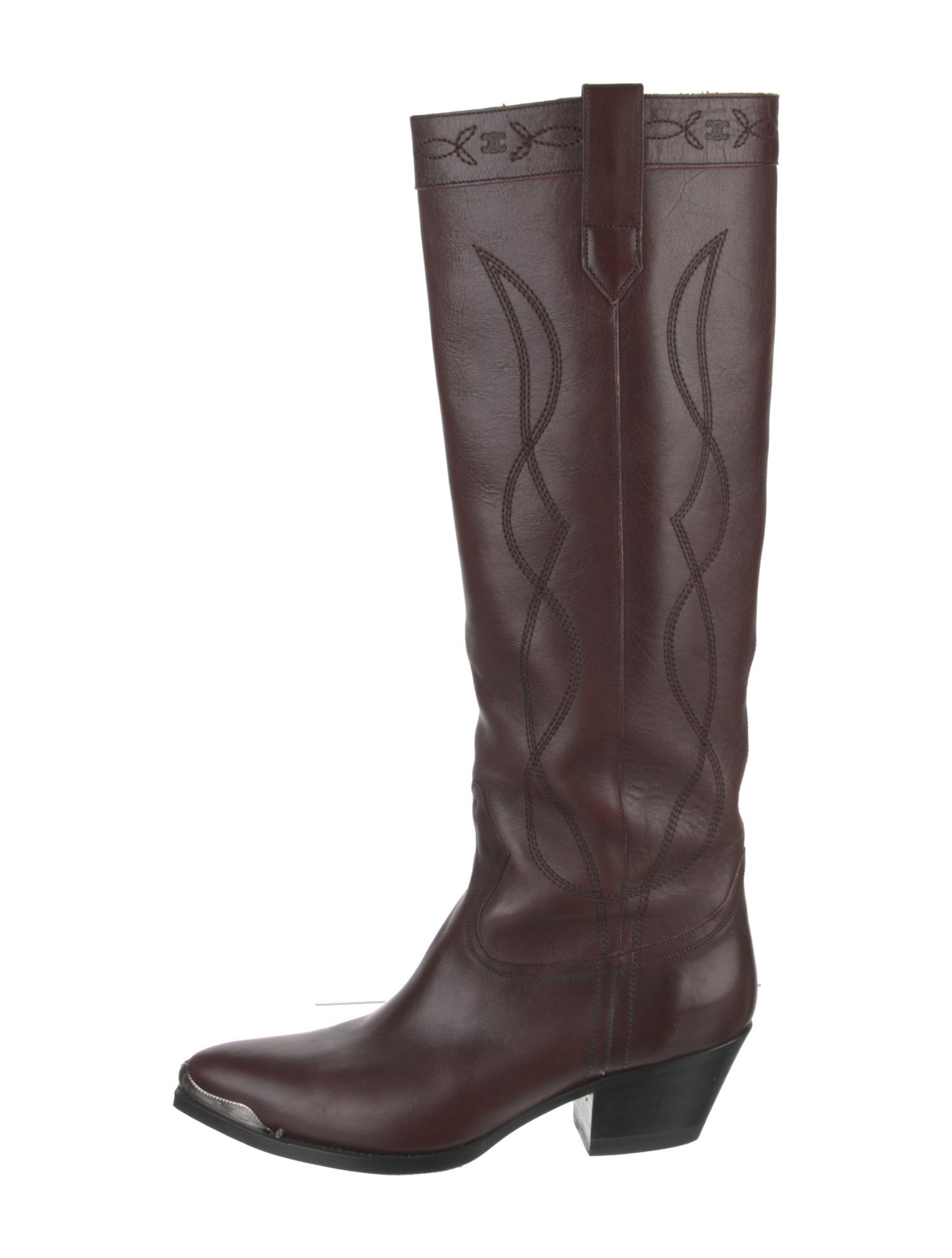 Celine Leather Embroidered Accent Riding Boots - Burgundy Boots, Shoes ...
